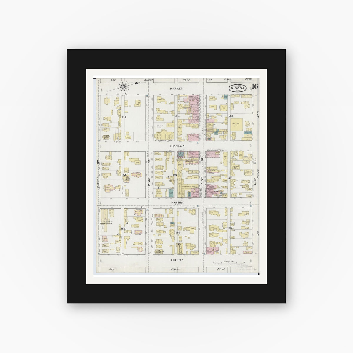 Old map wall art mockup — black gallery frame with white mat — Sanborn Fire Insurance Map from Winona, Winona County, Minnesota (1889), Sheet #0016