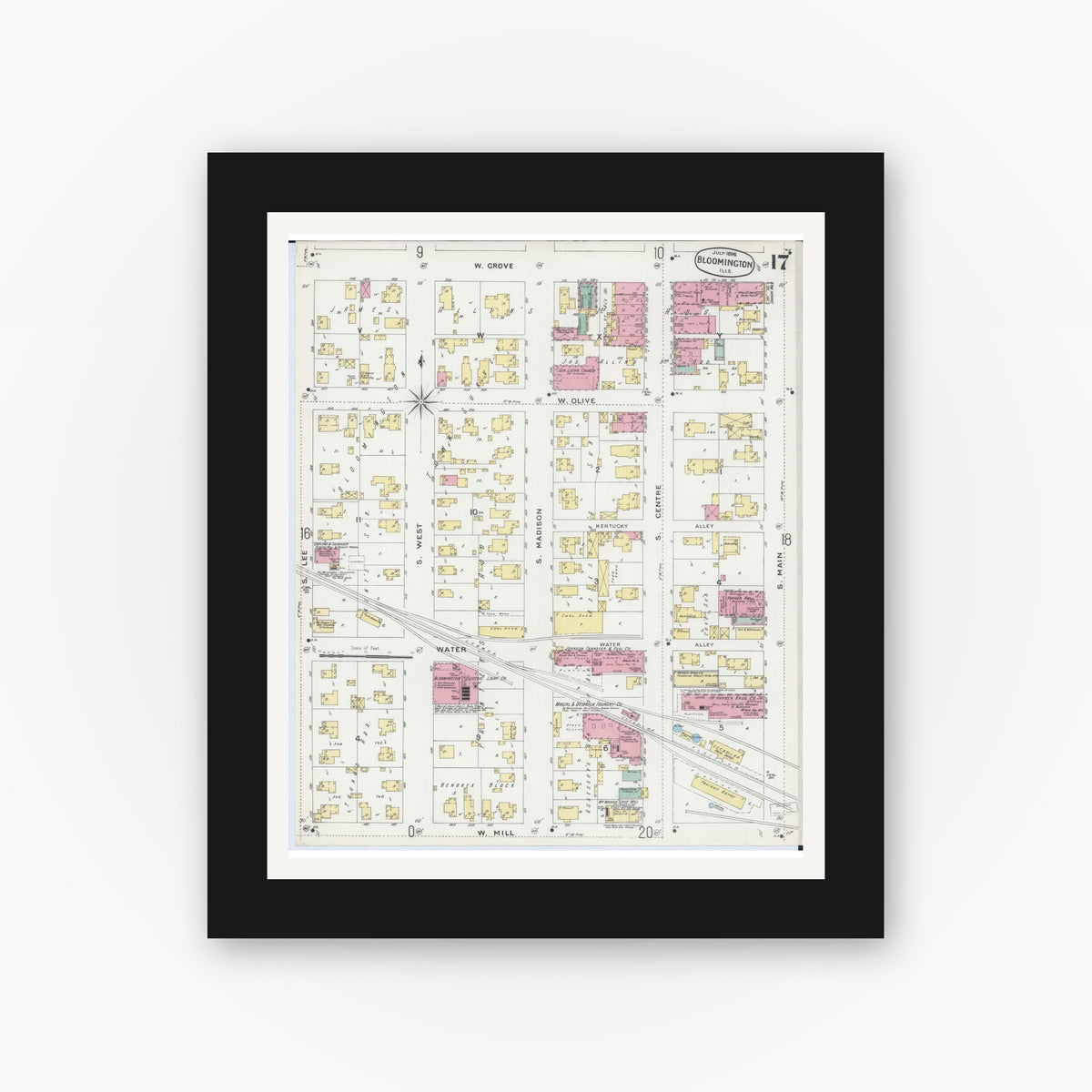 Old map wall art mockup — black gallery frame with white mat — Sanborn Fire Insurance Map from Bloomington, McLean County, Illinois (1896), Sheet #0017
