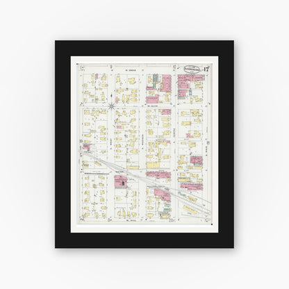 Old map wall art mockup — black gallery frame with white mat — Sanborn Fire Insurance Map from Bloomington, McLean County, Illinois (1896), Sheet #0017