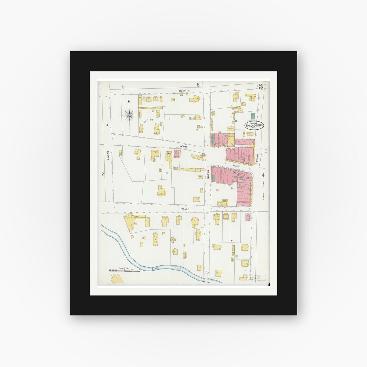 Old map wall art mockup — black gallery frame with white mat — Sanborn Fire Insurance Map from Nacogdoches, Nacogdoches County, Texas (1906), Sheet #0003