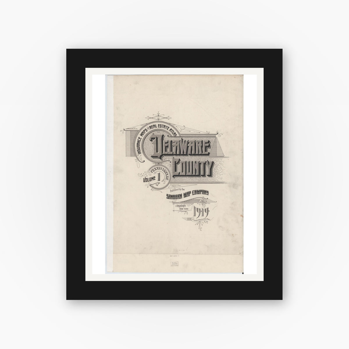 Old map wall art mockup — black gallery frame with white mat — Sanborn Fire Insurance Map from Delaware Co., Delaware County, Pennsylvania (1925), Sheet #0001