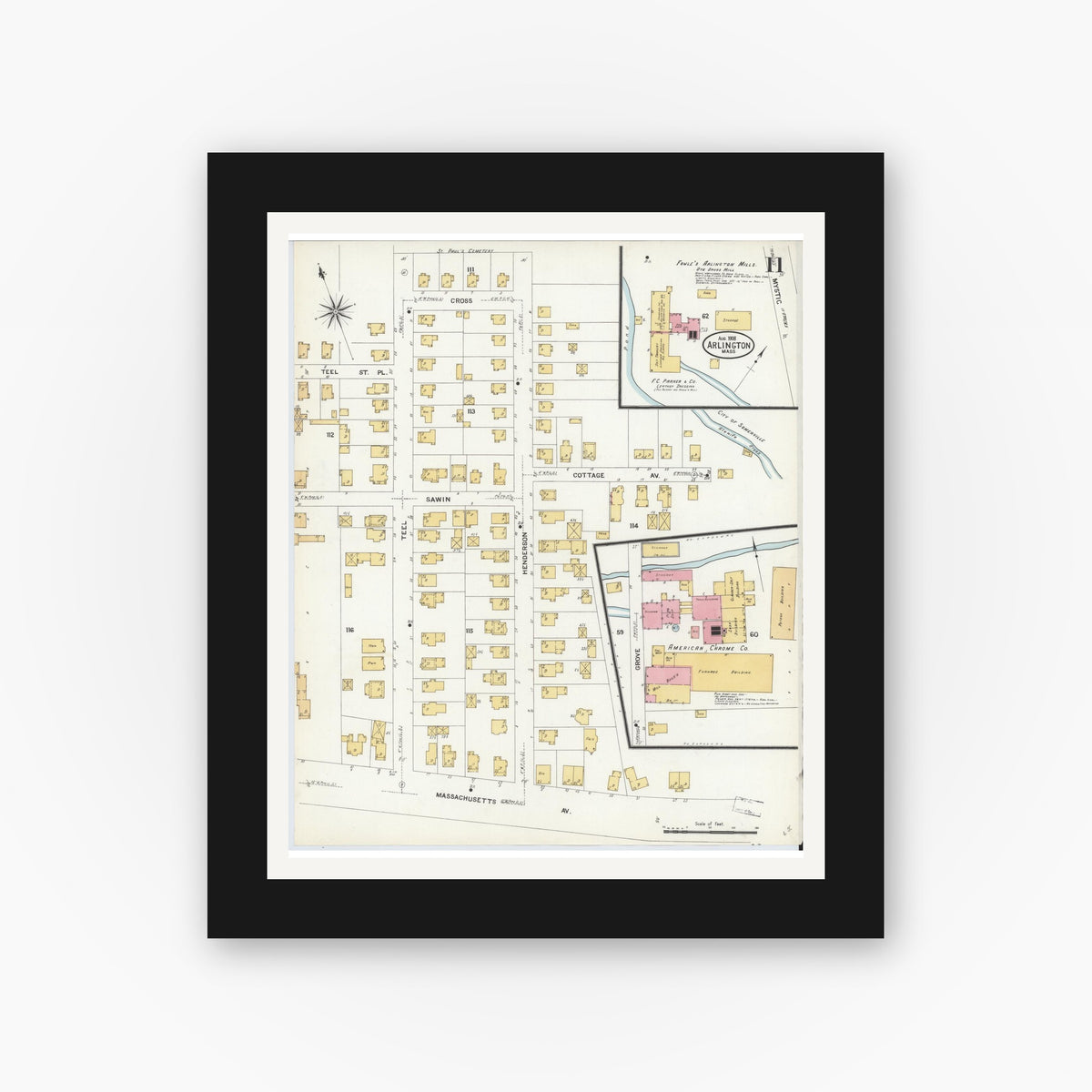 Old map wall art mockup — black gallery frame with white mat — Sanborn Fire Insurance Map from Arlington, Middlesex County, Massachusetts (1908), Sheet #0011