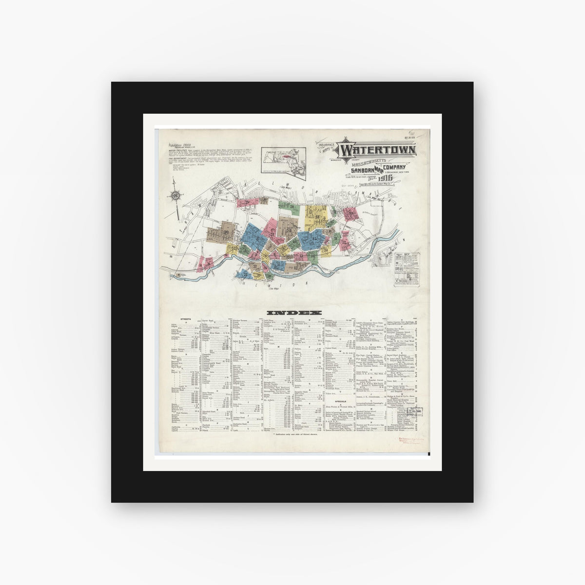 Old map wall art mockup — black gallery frame with white mat — Sanborn Fire Insurance Map from Watertown, Middlesex County, Massachusetts (1916) - Complete Map Set