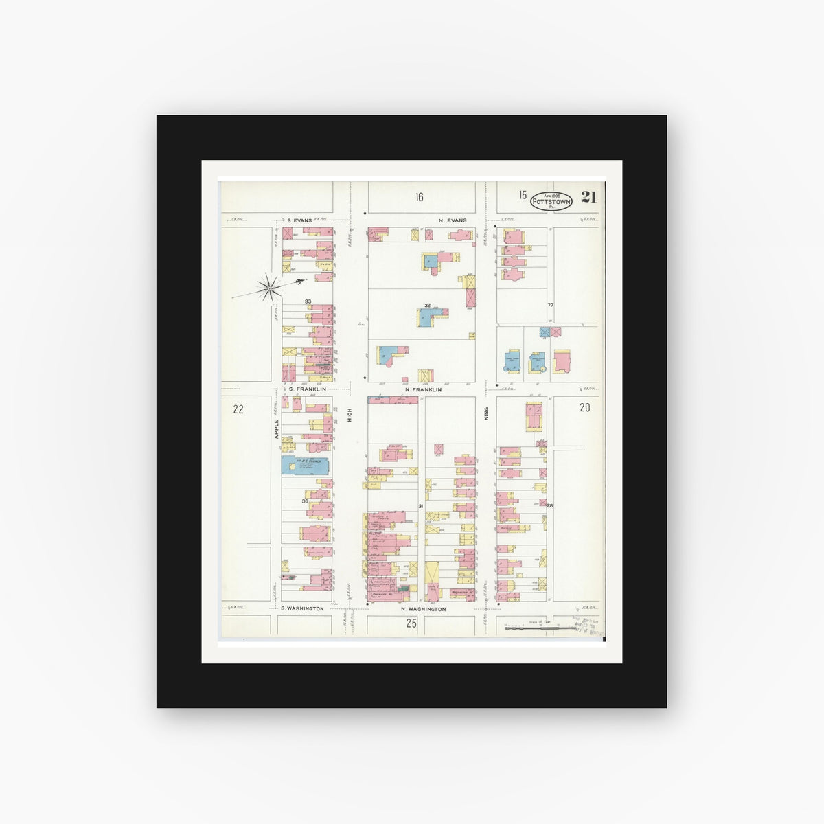 Old map wall art mockup — black gallery frame with white mat — Sanborn Fire Insurance Map from Pottstown, Montgomery County, Pennsylvania (1909), Sheet #0021
