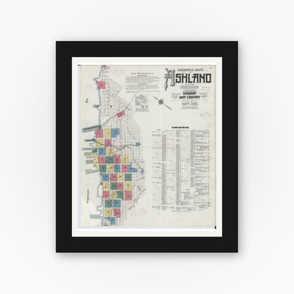 Old map wall art mockup — black gallery frame with white mat — Sanborn Fire Insurance Map from Ashland, Ashland County, Wisconsin (1909) - Complete Map Set
