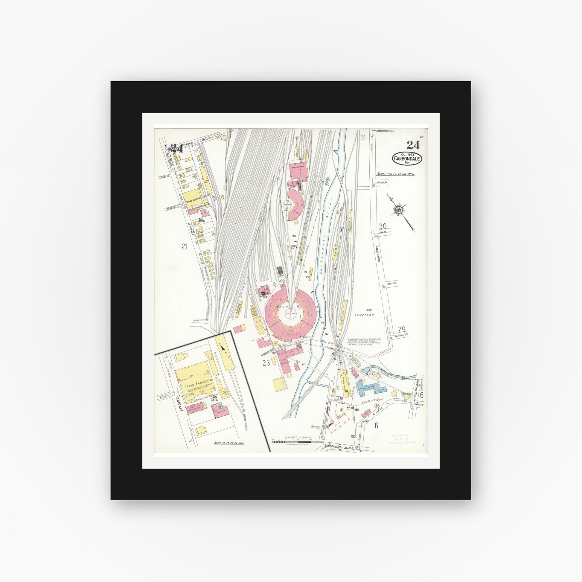 Old map wall art mockup — black gallery frame with white mat — Sanborn Fire Insurance Map from Carbondale, Lackawanna County, Pennsylvania (1923), Sheet #0024