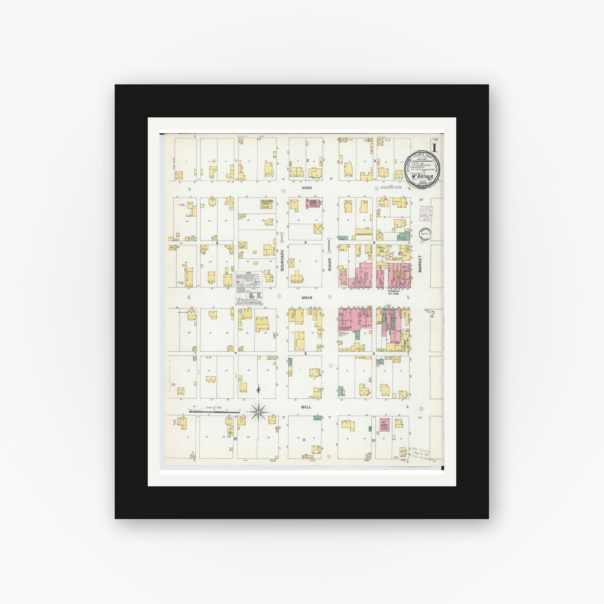 Old map wall art mockup — black gallery frame with white mat — Sanborn Fire Insurance Map from McArthur, Vinton County, Ohio (1901), Sheet #0001