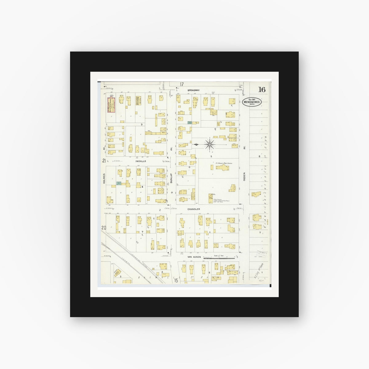 Old map wall art mockup — black gallery frame with white mat — Sanborn Fire Insurance Map from Menominee, Menominee County, Michigan (1907), Sheet #0016
