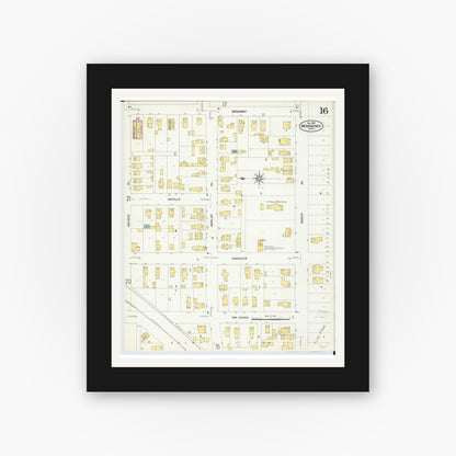 Old map wall art mockup — black gallery frame with white mat — Sanborn Fire Insurance Map from Menominee, Menominee County, Michigan (1907), Sheet #0016