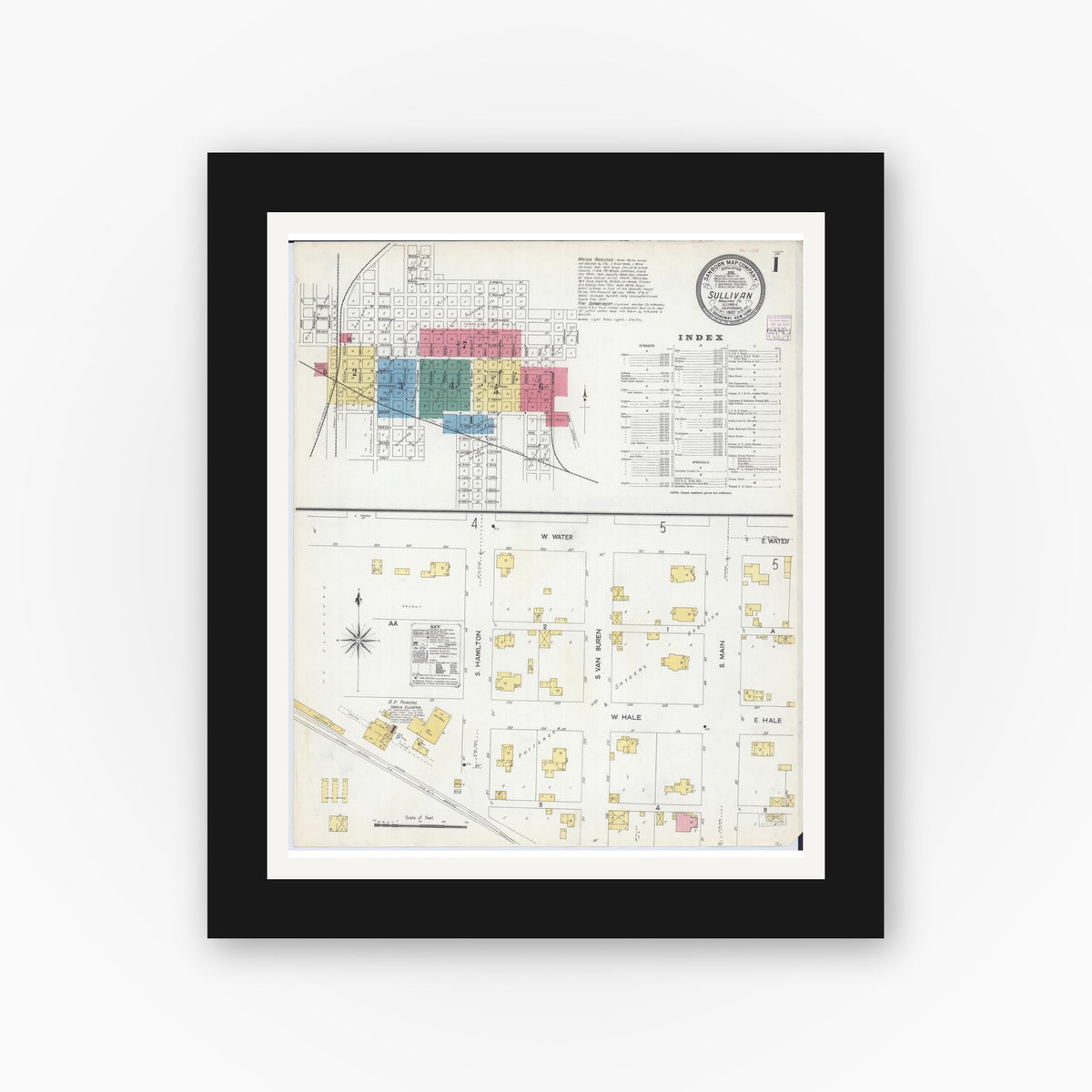 Old map wall art mockup — black gallery frame with white mat — Sanborn Fire Insurance Map from Sullivan, Moultrie County, Illinois (1907) - Complete Map Set
