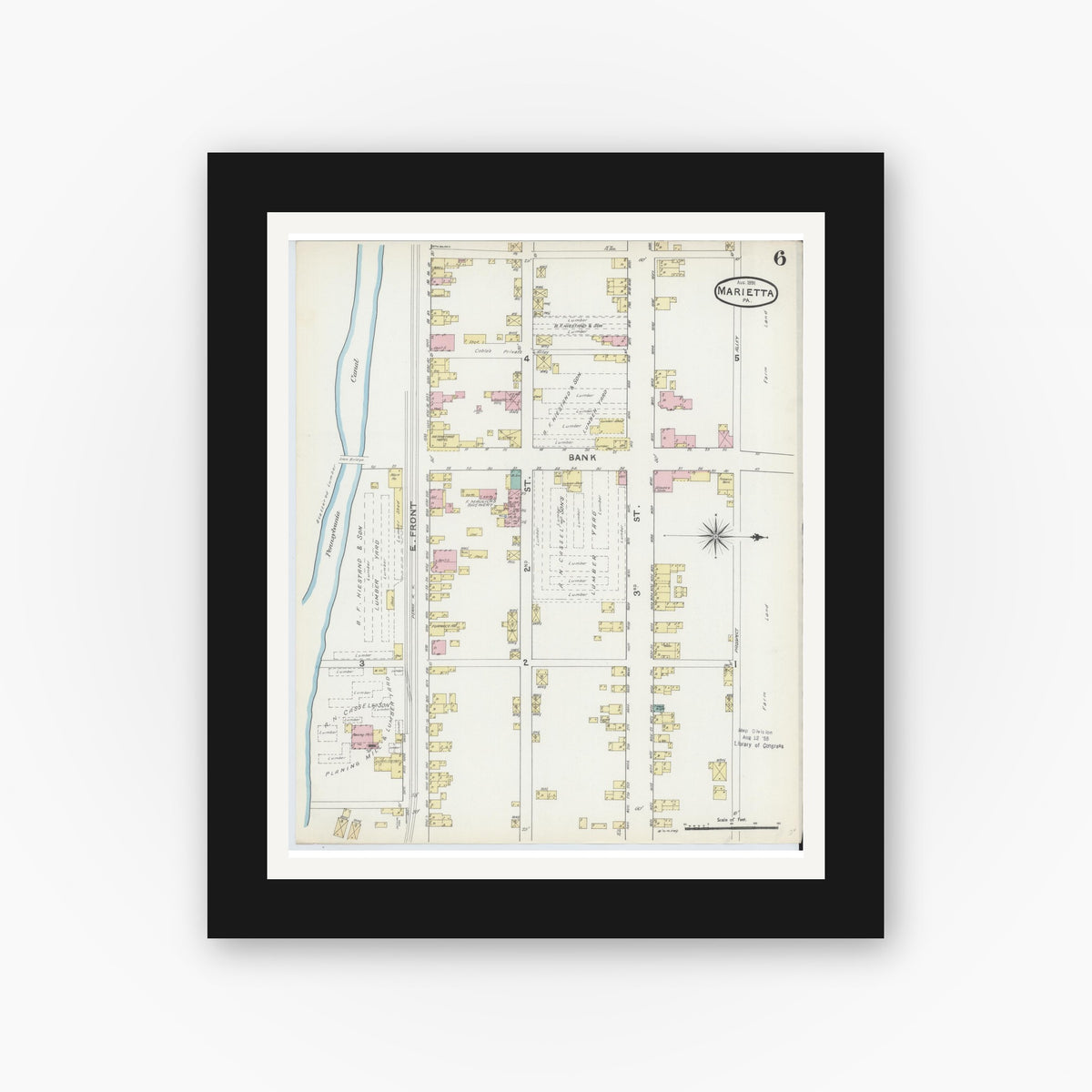 Old map wall art mockup — black gallery frame with white mat — Sanborn Fire Insurance Map from Marietta, Lancaster County, Pennsylvania (1891), Sheet #0006