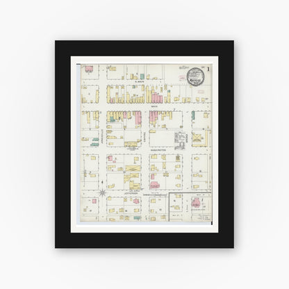 Old map wall art mockup — black gallery frame with white mat — Sanborn Fire Insurance Map from Montpelier, Williams County, Ohio (1893), Sheet #0001