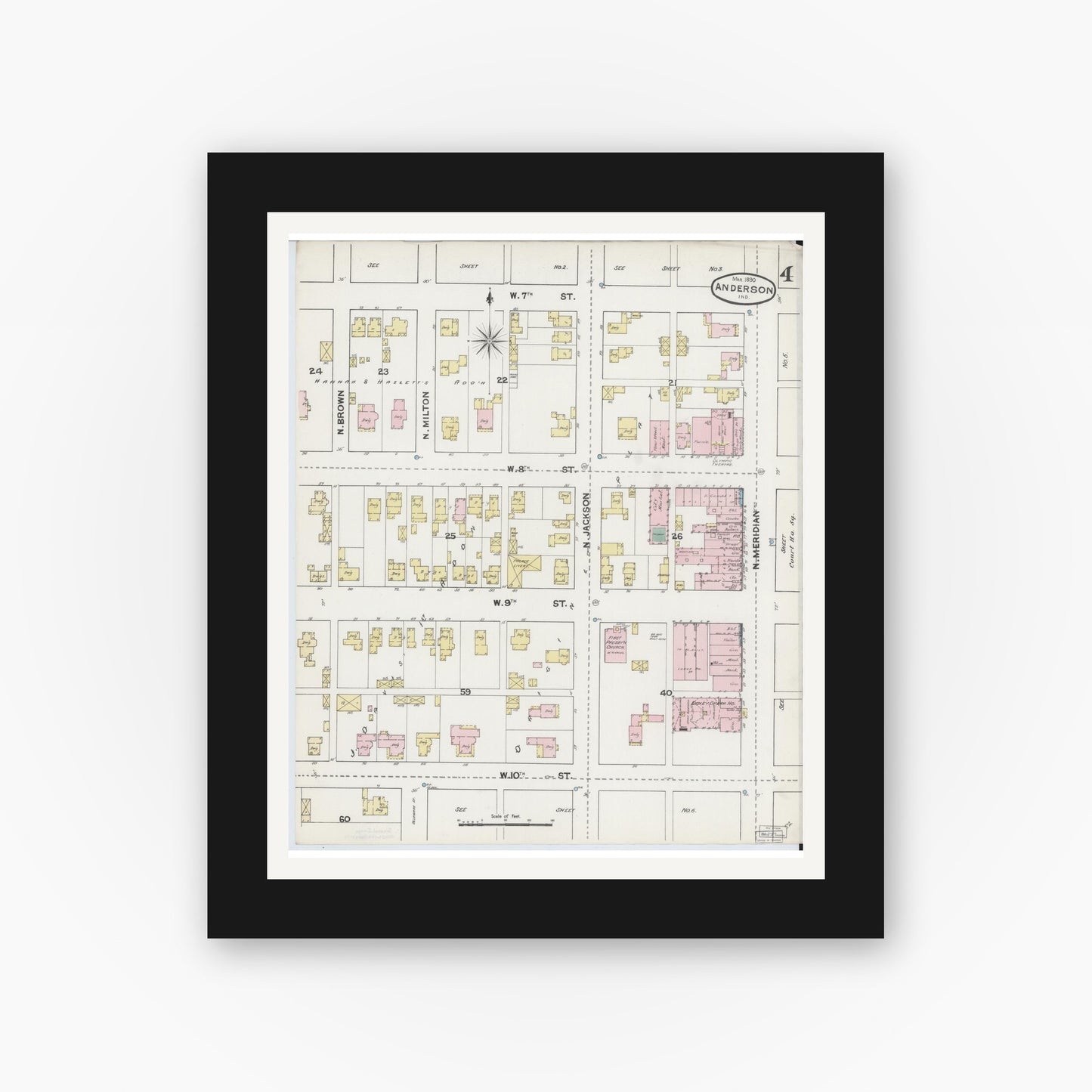 Old map wall art mockup — black gallery frame with white mat — Sanborn Fire Insurance Map from Anderson, Madison County, Indiana (1890), Sheet #0004