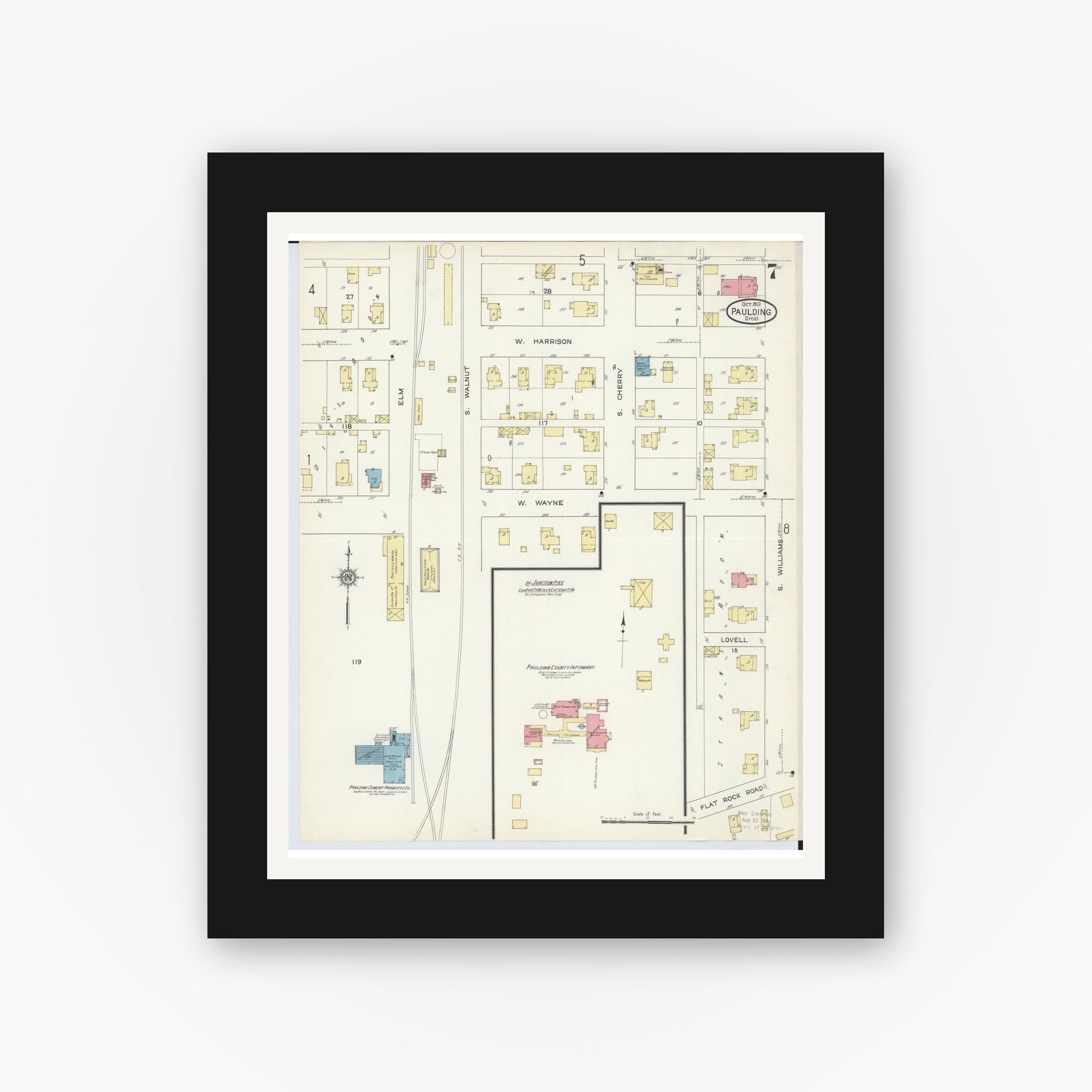 Old map wall art mockup — black gallery frame with white mat — Sanborn Fire Insurance Map from Paulding, Paulding County, Ohio (1913), Sheet #0007