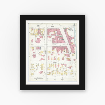 Old map wall art mockup — black gallery frame with white mat — Sanborn Fire Insurance Map from Monroe, Monroe County, Michigan (1908), Sheet #0008