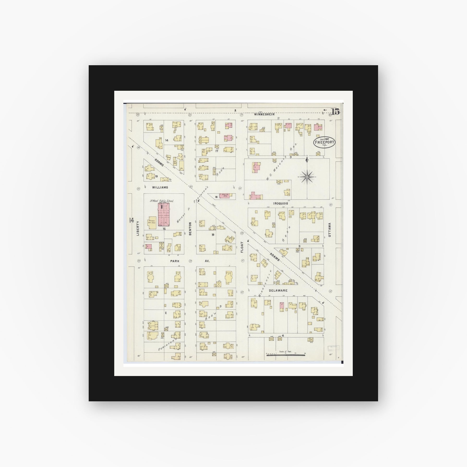 Old map wall art mockup — black gallery frame with white mat — Sanborn Fire Insurance Map from Freeport, Stephenson County, Illinois (1897), Sheet #0015