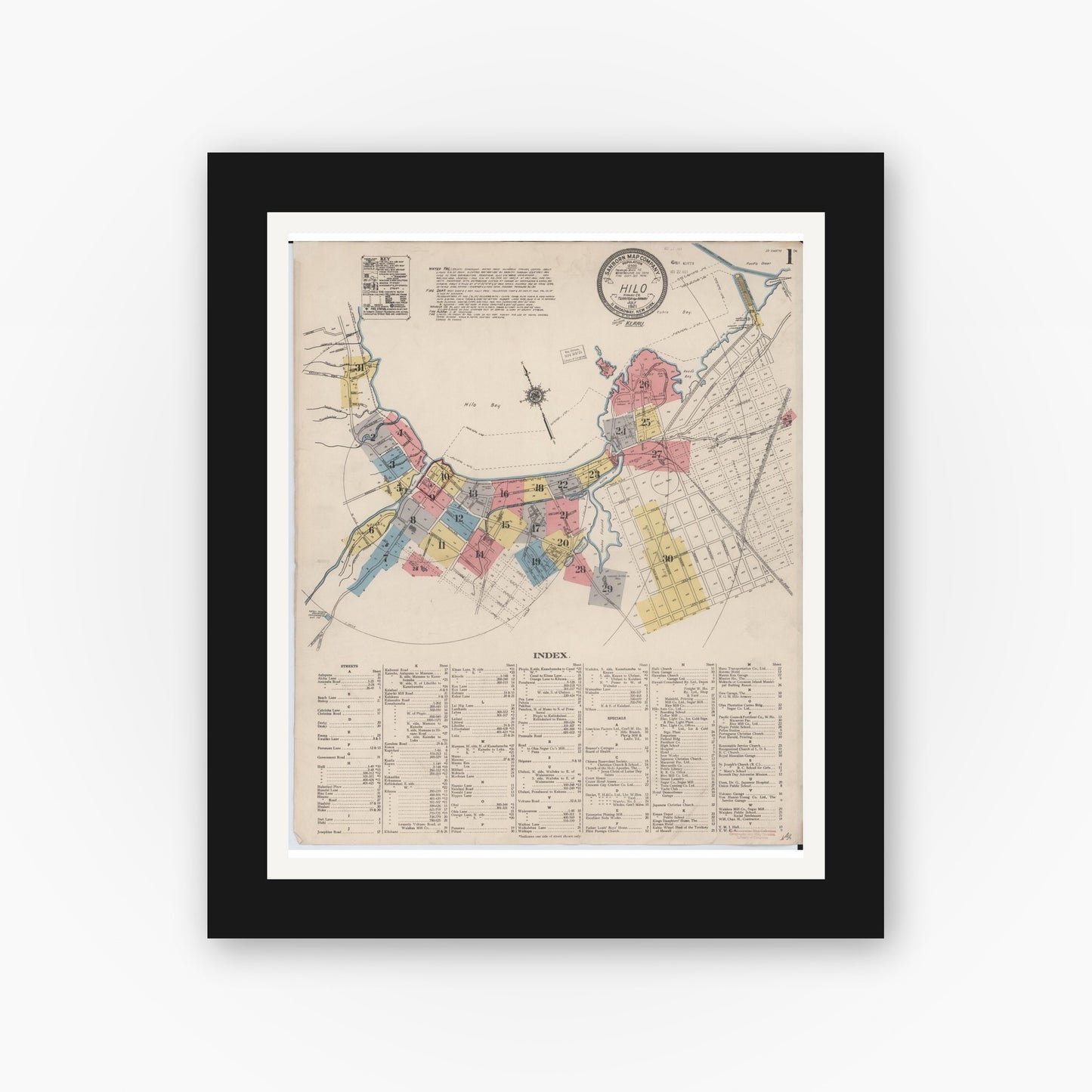 Old map wall art mockup — black gallery frame with white mat — Sanborn Fire Insurance Map from Hilo, Hawaii County, Hawaii (1921) — Complete Set