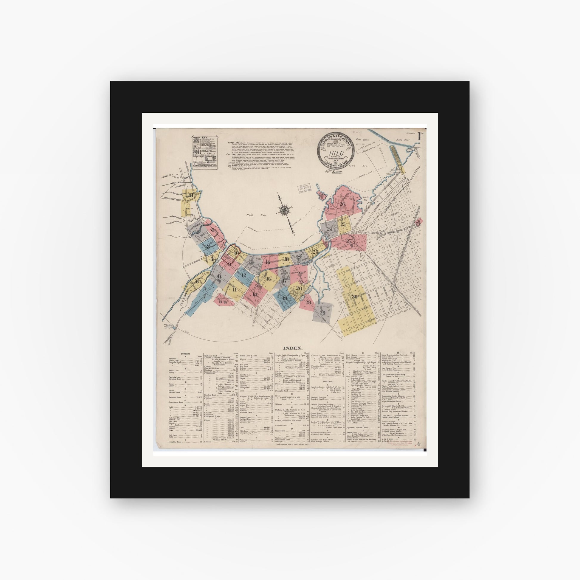Old map wall art mockup — black gallery frame with white mat — Sanborn Fire Insurance Map from Hilo, Hawaii County, Hawaii (1921) — Complete Set