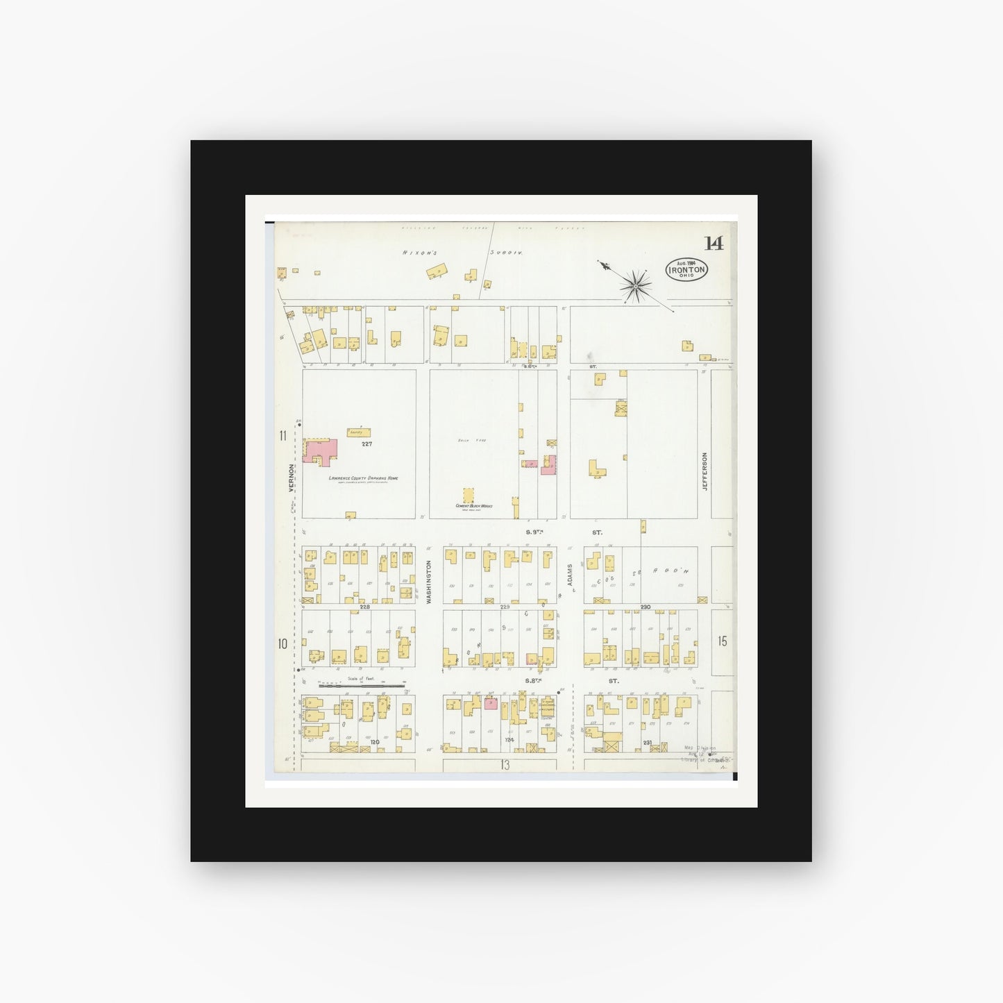 Old map wall art mockup — black gallery frame with white mat — Sanborn Fire Insurance Map from Ironton, Lawrence County, Ohio (1904), Sheet #0014