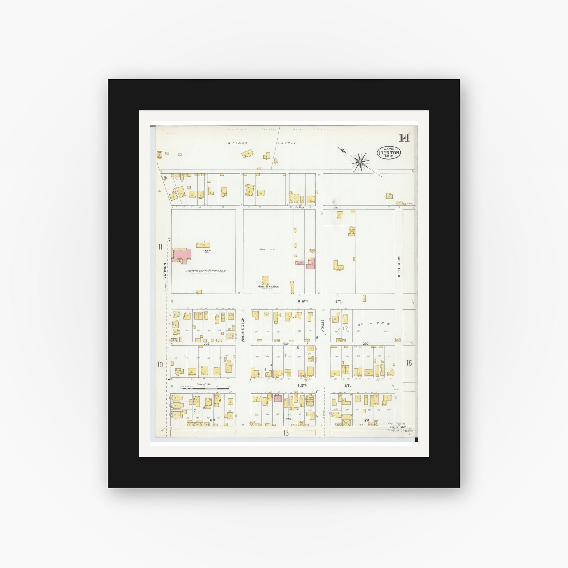 Old map wall art mockup — black gallery frame with white mat — Sanborn Fire Insurance Map from Ironton, Lawrence County, Ohio (1904), Sheet #0014