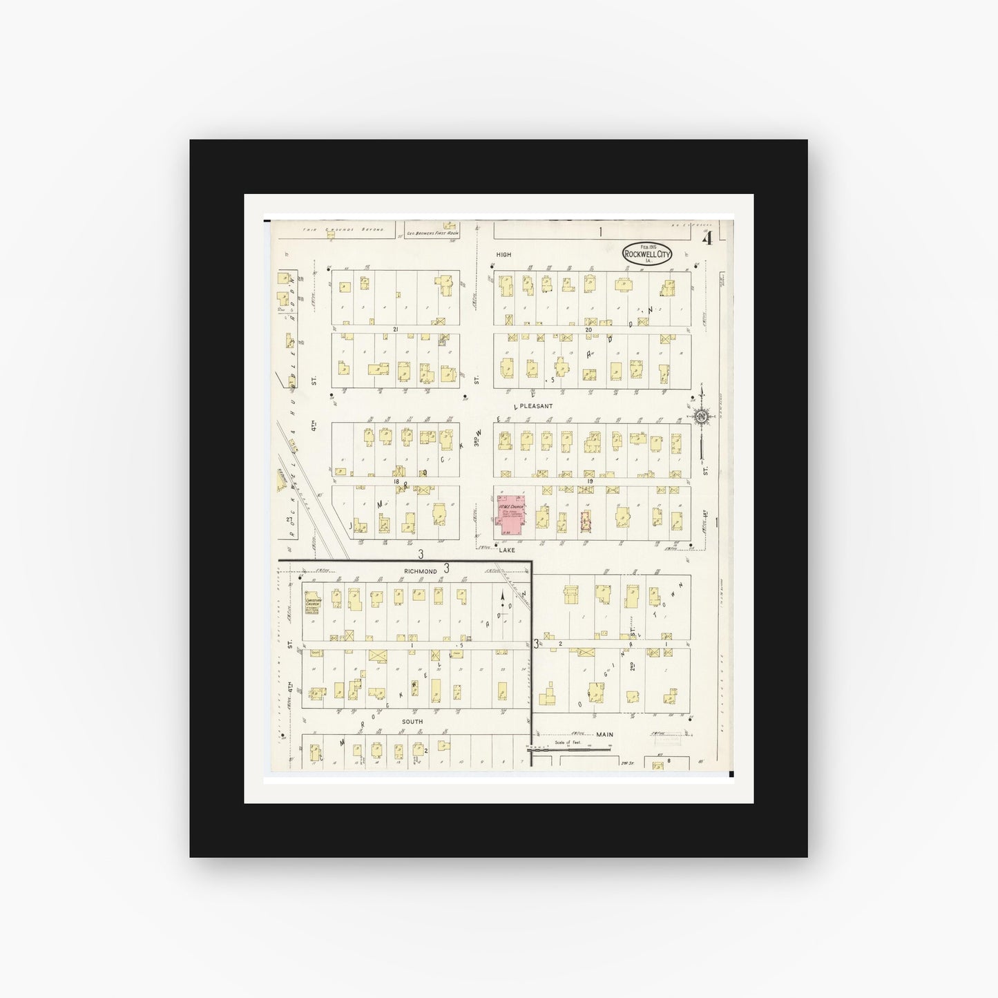 Old map wall art mockup — black gallery frame with white mat — Sanborn Fire Insurance Map from Rockwell City, Calhoun County, Iowa (1915), Sheet #0004