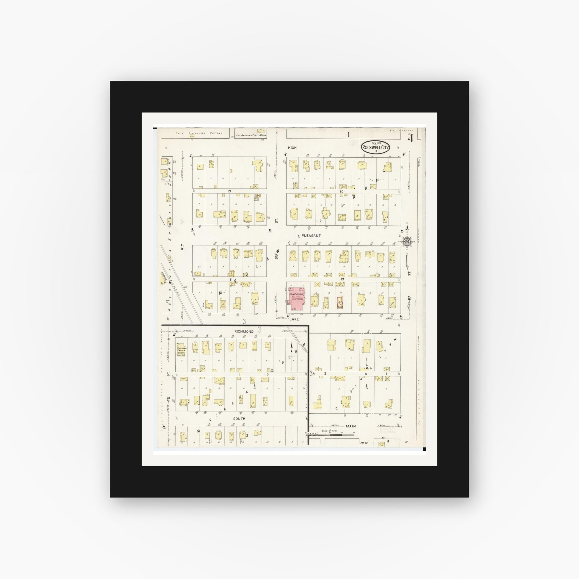 Old map wall art mockup — black gallery frame with white mat — Sanborn Fire Insurance Map from Rockwell City, Calhoun County, Iowa (1915), Sheet #0004