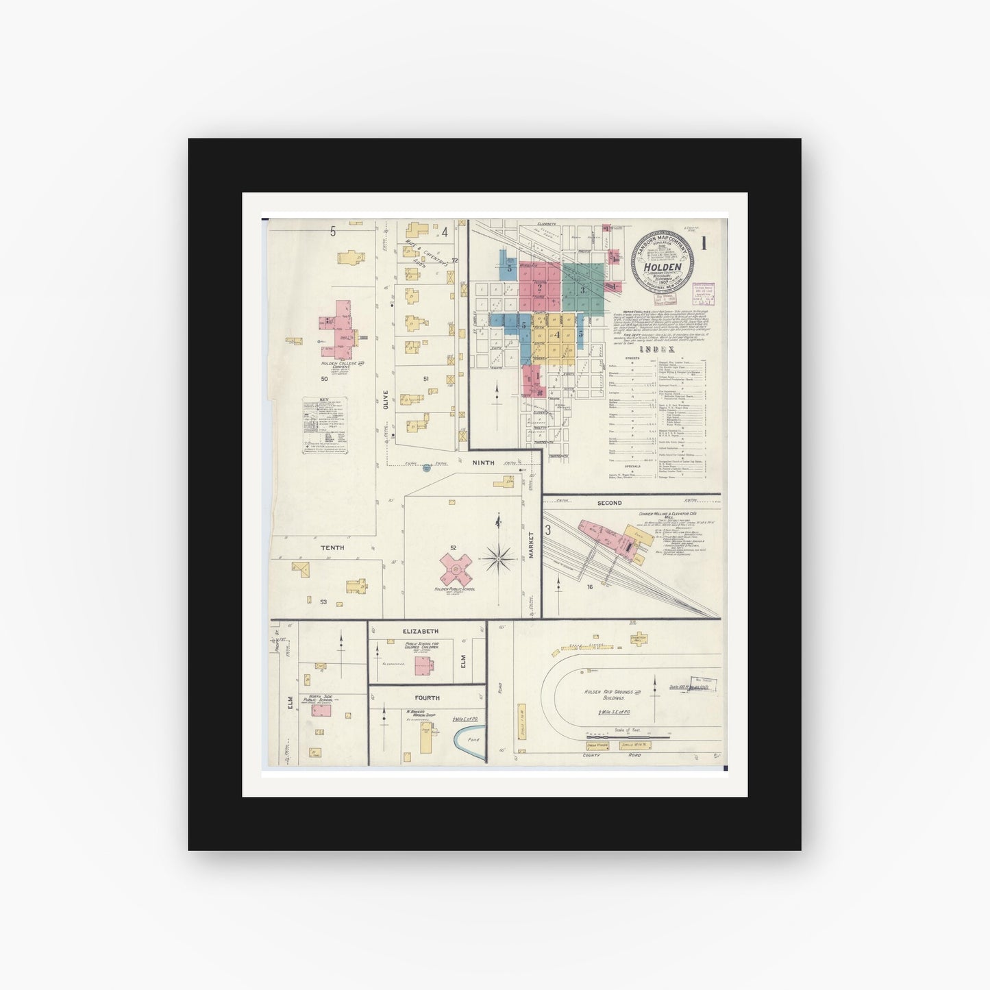 Old map wall art mockup — black gallery frame with white mat — Sanborn Fire Insurance Map from Holden, Johnson County, Missouri (1907) - Complete Map Set