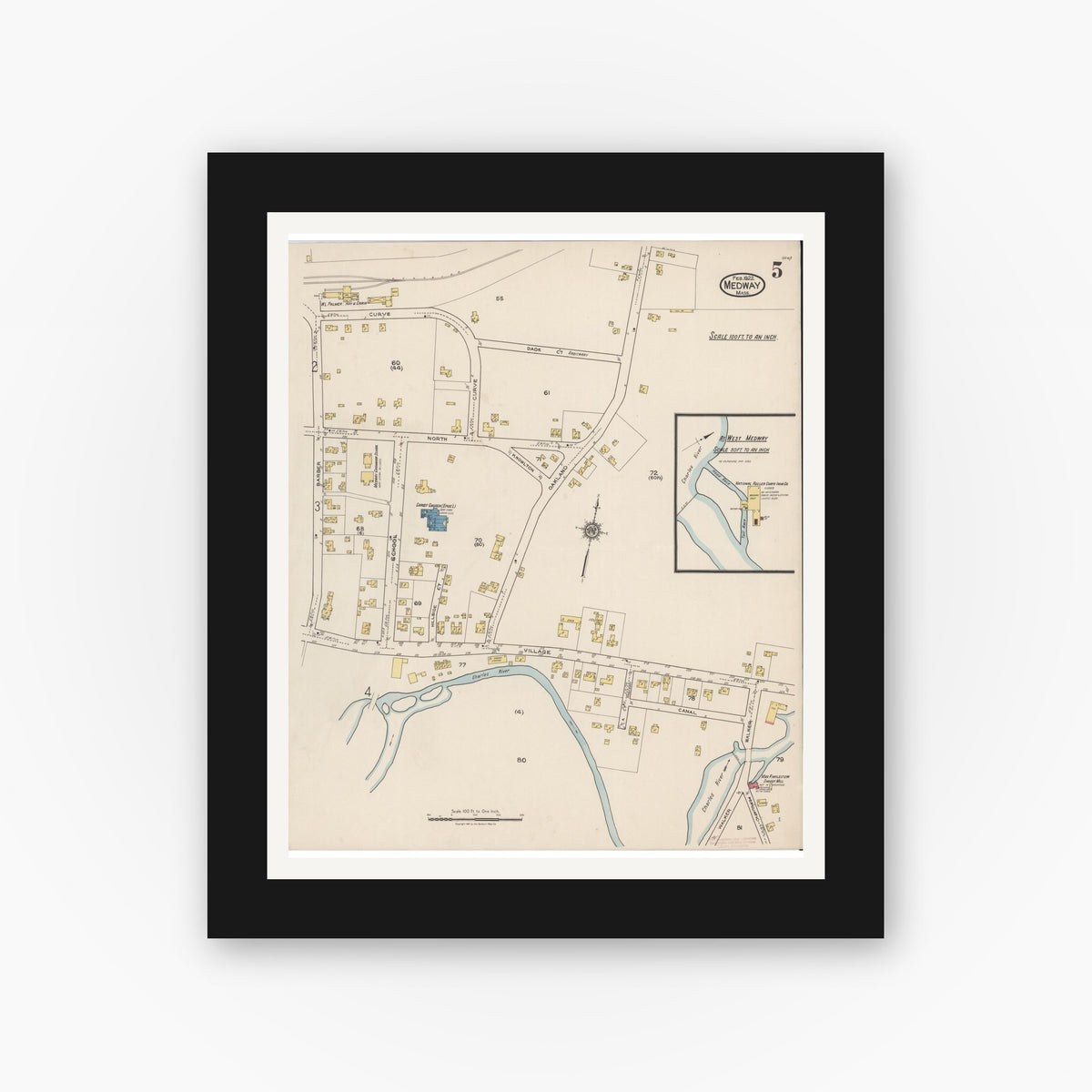 Old map wall art mockup — black gallery frame with white mat — Sanborn Fire Insurance Map from Medway, Norfolk County, Massachusetts (1922), Sheet #0005