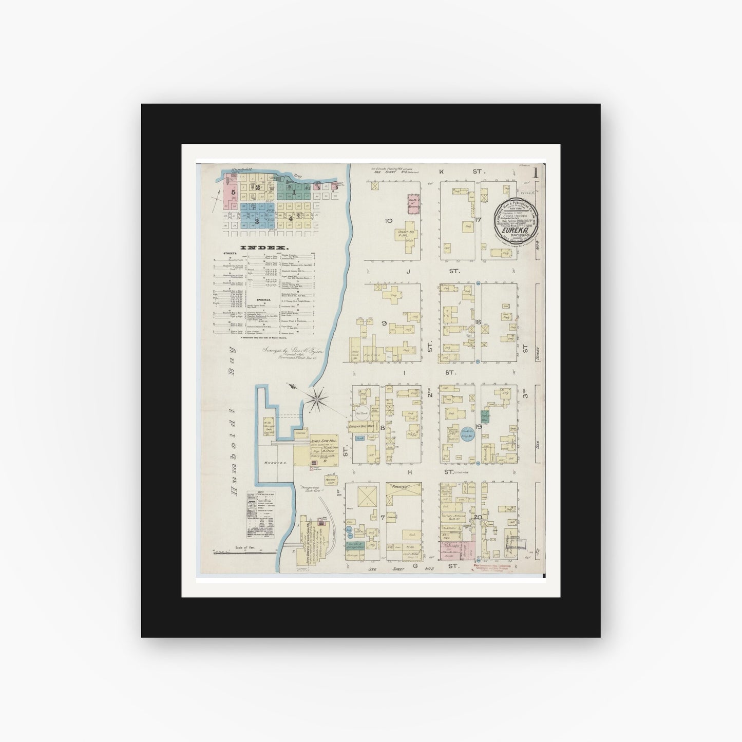 Old map wall art mockup — black gallery frame with white mat — Sanborn Fire Insurance Map from Eureka, Humboldt County, California (1886) - Complete Map Set