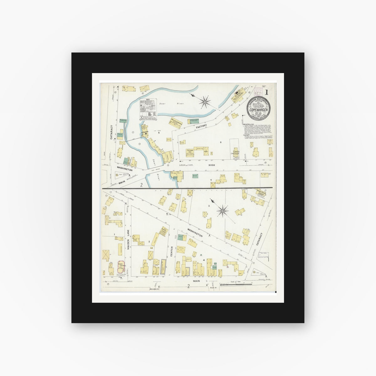 Old map wall art mockup — black gallery frame with white mat — Sanborn Fire Insurance Map from Copenhagen, Lewis County, New York (1907) - Complete Map Set