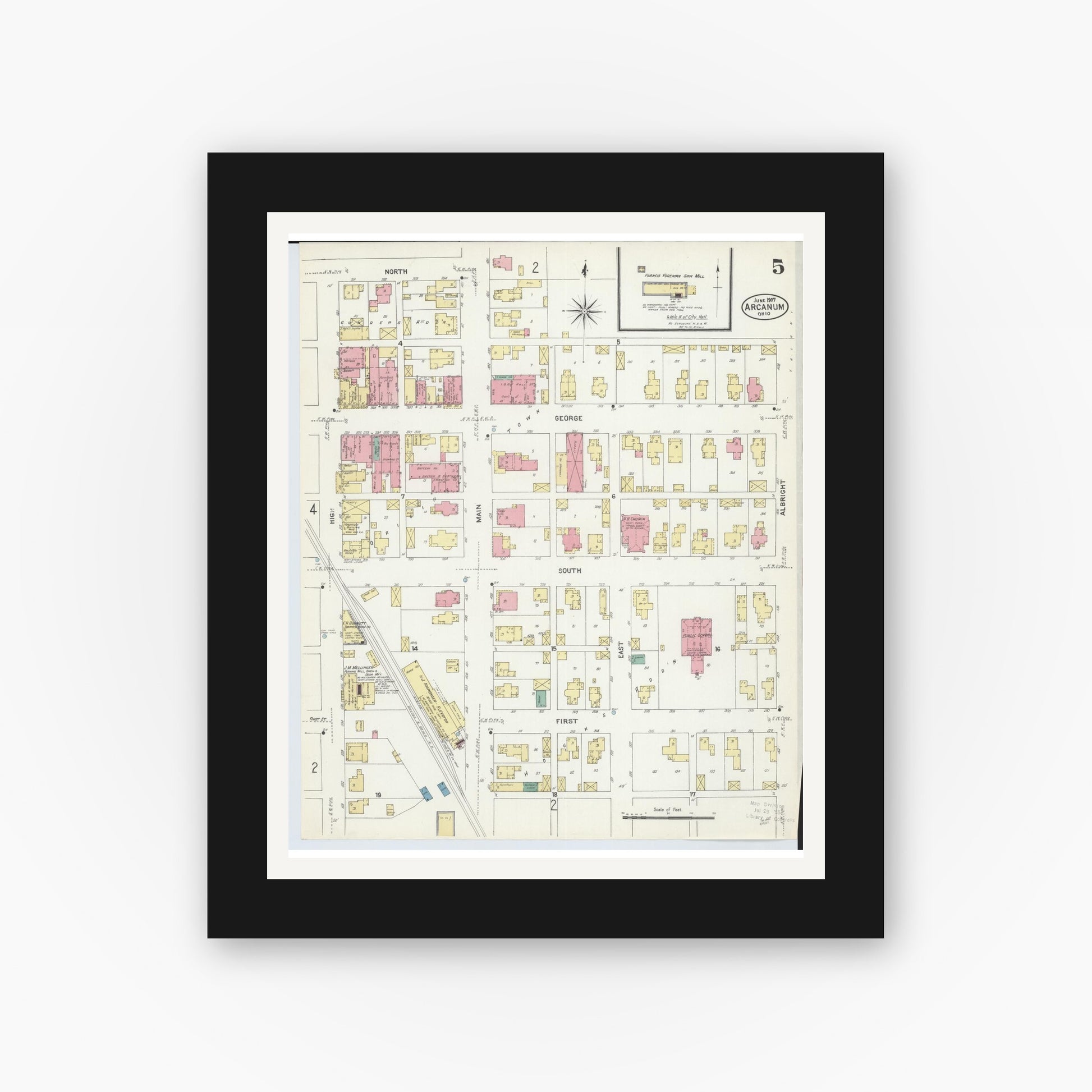 Old map wall art mockup — black gallery frame with white mat — Sanborn Fire Insurance Map from Arcanum, Darke County, Ohio (1907), Sheet #0005