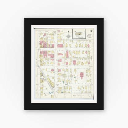 Old map wall art mockup — black gallery frame with white mat — Sanborn Fire Insurance Map from Arcanum, Darke County, Ohio (1907), Sheet #0005