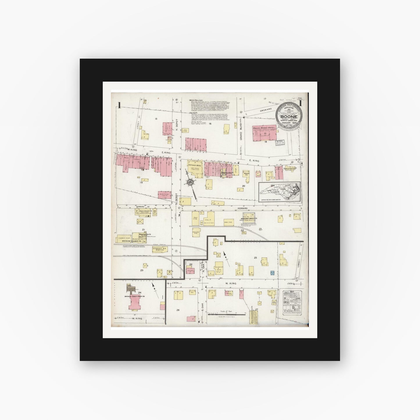 Old map wall art mockup — black gallery frame with white mat — Sanborn Fire Insurance Map from Boone, Watauga County, North Carolina (1928) - Complete Map Set