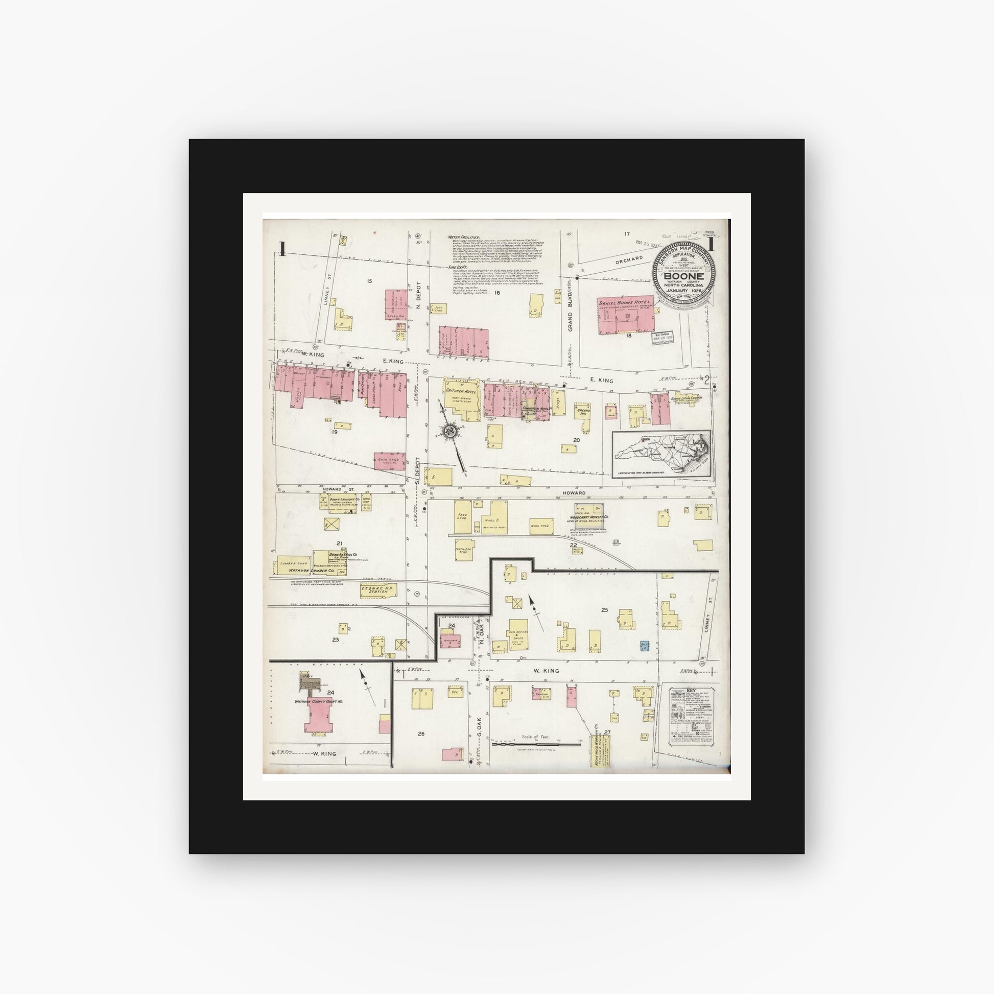 Old map wall art mockup — black gallery frame with white mat — Sanborn Fire Insurance Map from Boone, Watauga County, North Carolina (1928) - Complete Map Set