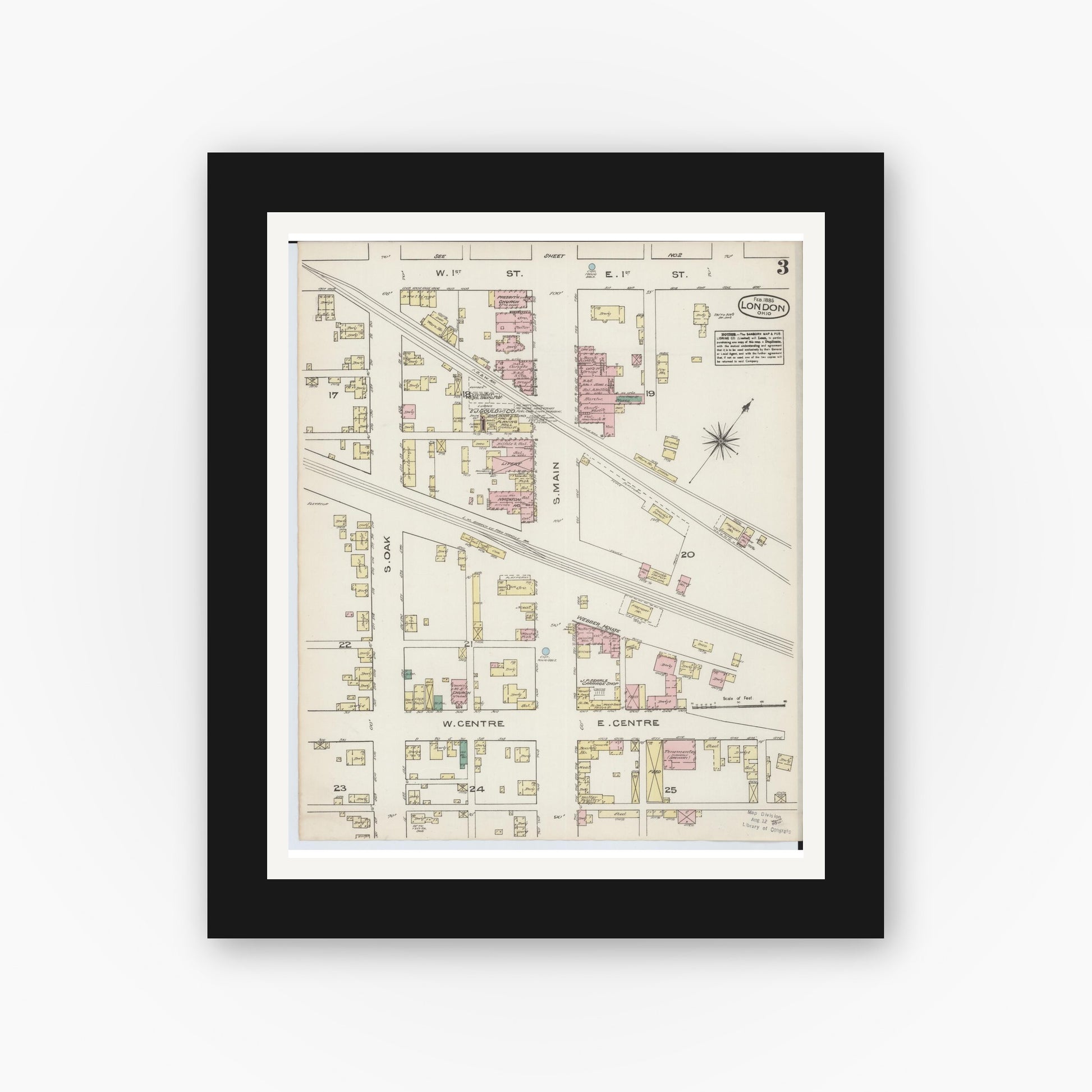 Old map wall art mockup — black gallery frame with white mat — Sanborn Fire Insurance Map from London, Madison County, Ohio (1885), Sheet #0003