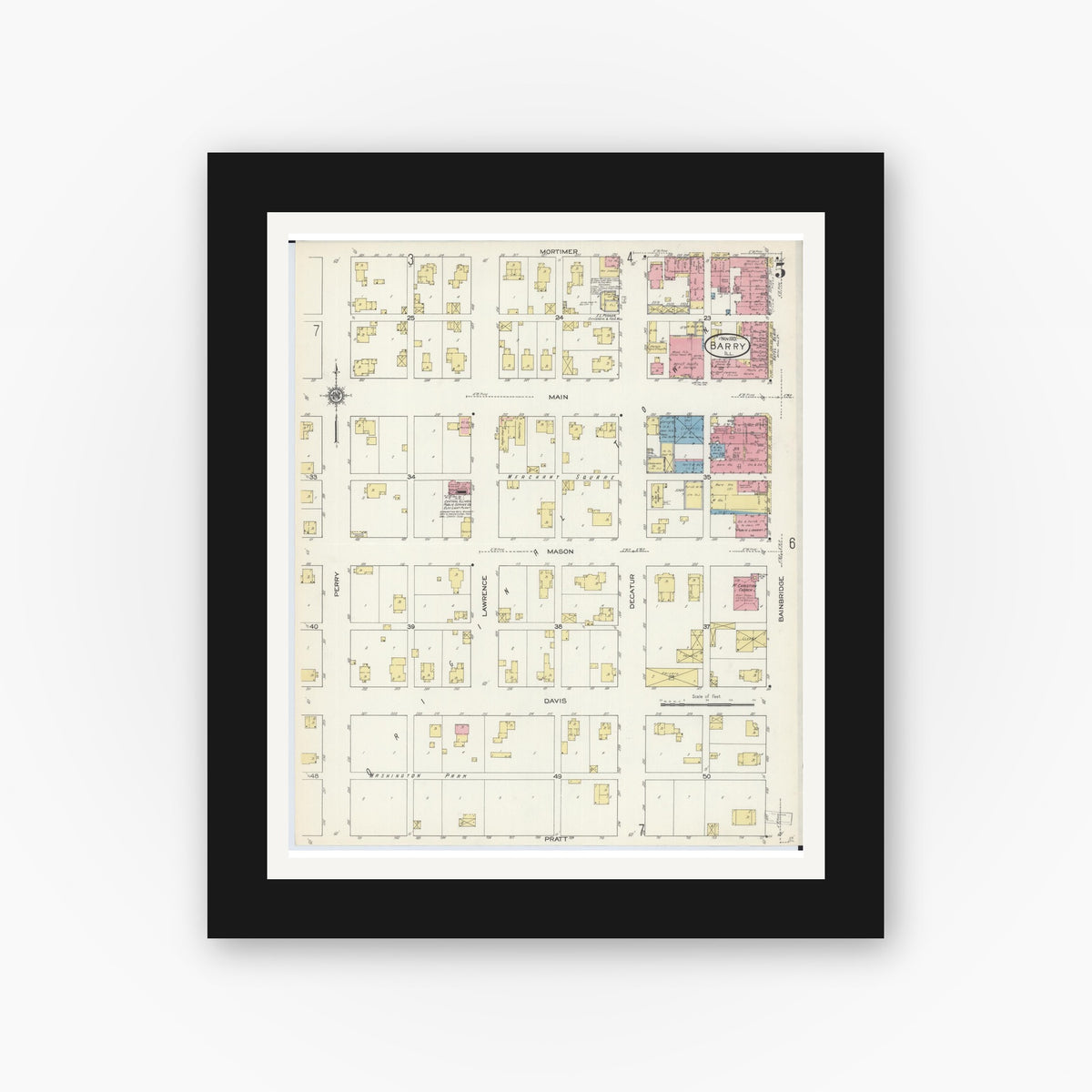 Old map wall art mockup — black gallery frame with white mat — Sanborn Fire Insurance Map from Barry, Pike County, Illinois (1913), Sheet #0005