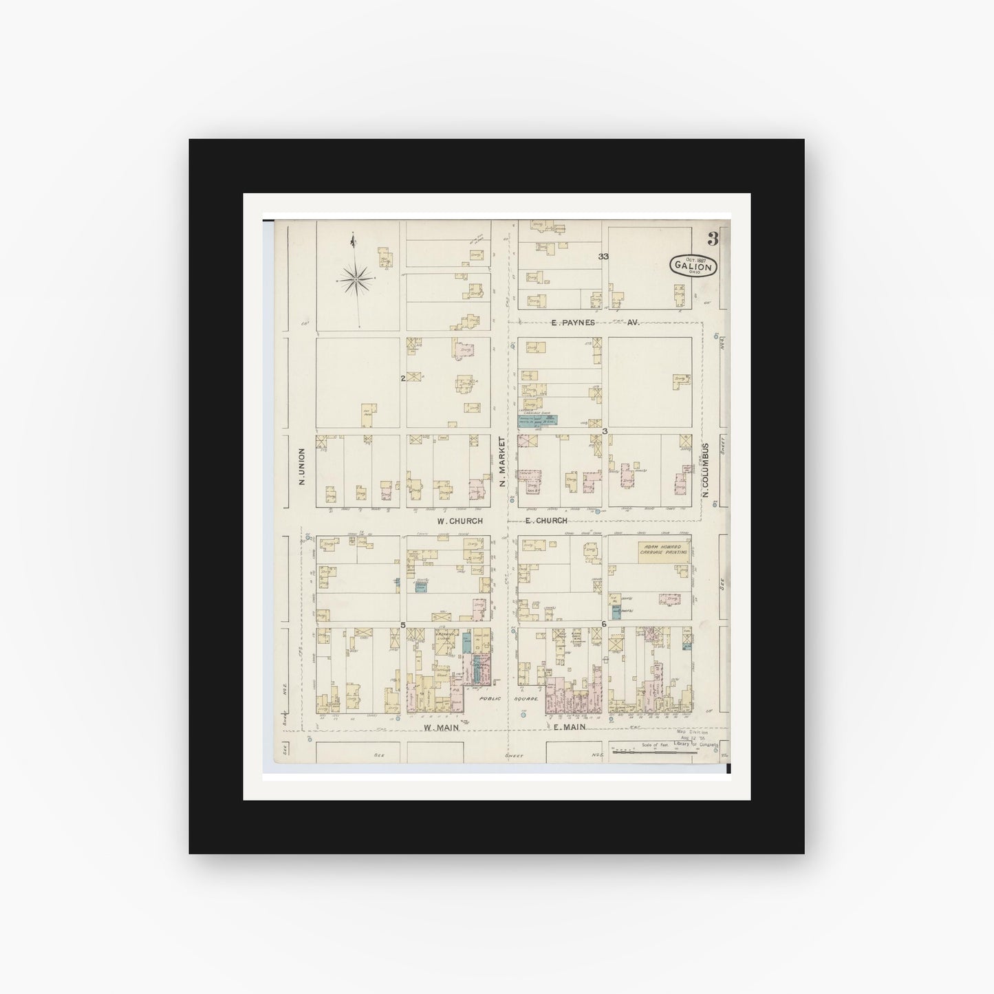 Old map wall art mockup — black gallery frame with white mat — Sanborn Fire Insurance Map from Galion, Crawford County, Ohio (1887), Sheet #0003