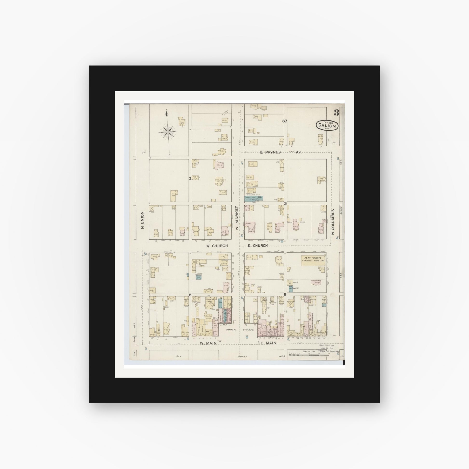 Old map wall art mockup — black gallery frame with white mat — Sanborn Fire Insurance Map from Galion, Crawford County, Ohio (1887), Sheet #0003