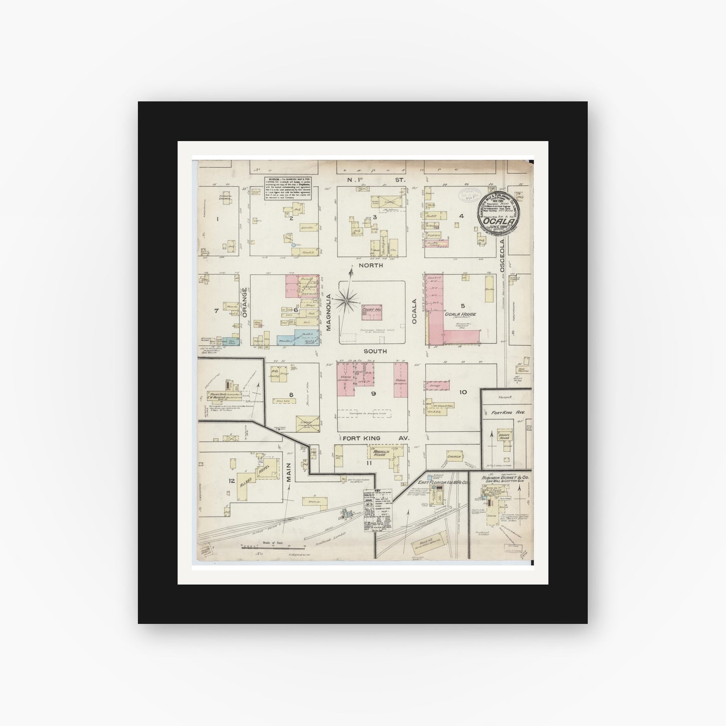 Old map wall art mockup — black gallery frame with white mat — Sanborn Fire Insurance Map from Ocala, Marion County, Florida (1884), Sheet #0001