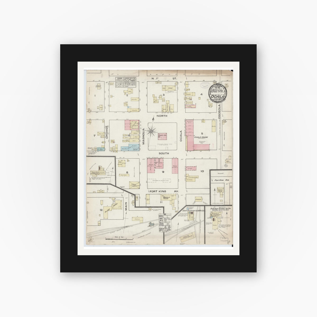 Old map wall art mockup — black gallery frame with white mat — Sanborn Fire Insurance Map from Ocala, Marion County, Florida (1884), Sheet #0001