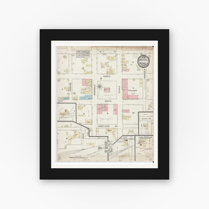 Old map wall art mockup — black gallery frame with white mat — Sanborn Fire Insurance Map from Ocala, Marion County, Florida (1884), Sheet #0001