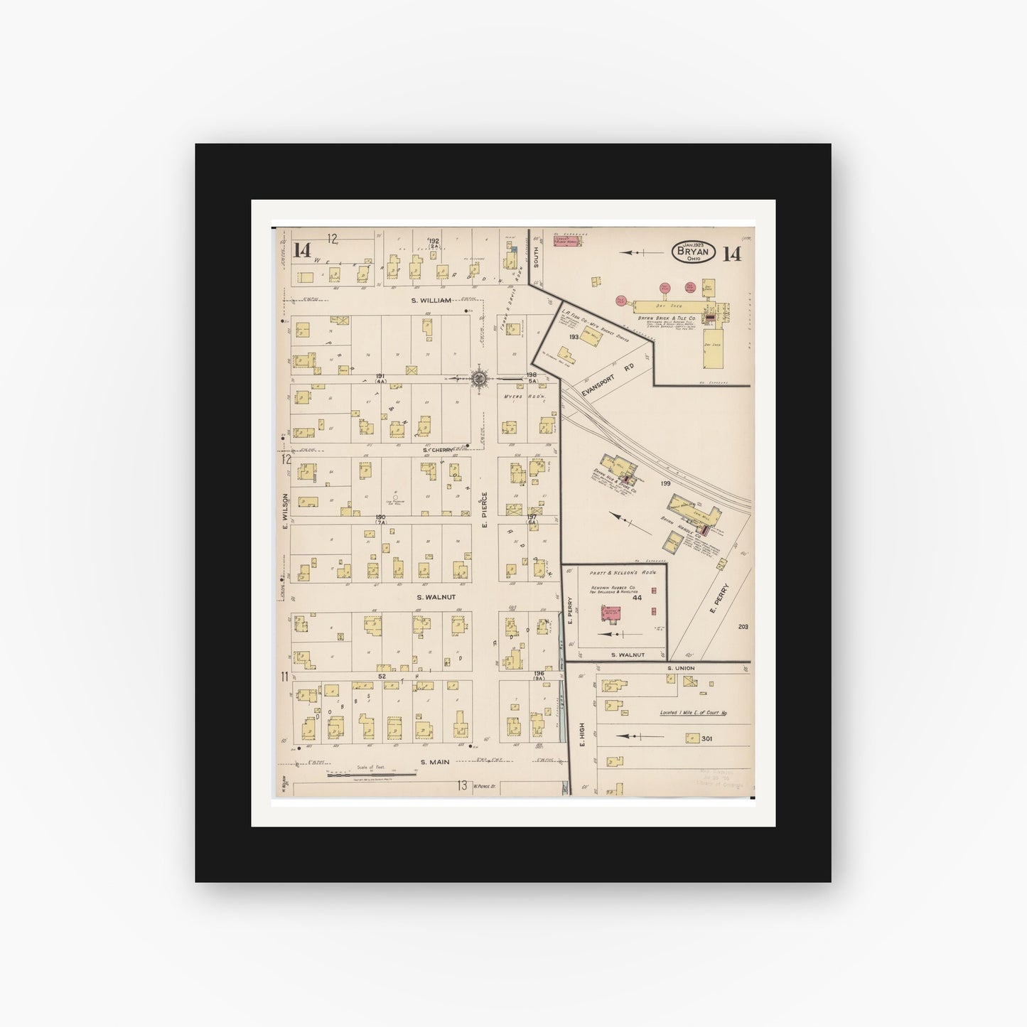 Old map wall art mockup — black gallery frame with white mat — Sanborn Fire Insurance Map from Bryan, Williams County, Ohio (1923), Sheet #0014