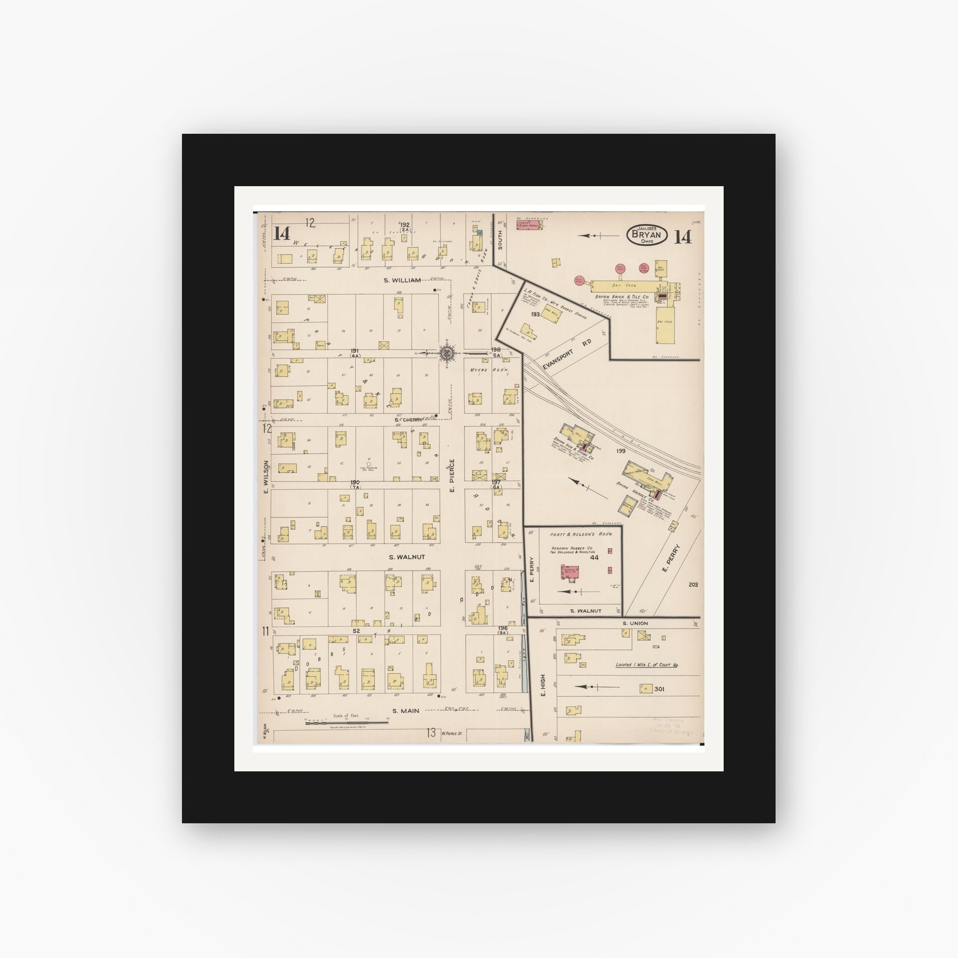 Old map wall art mockup — black gallery frame with white mat — Sanborn Fire Insurance Map from Bryan, Williams County, Ohio (1923), Sheet #0014