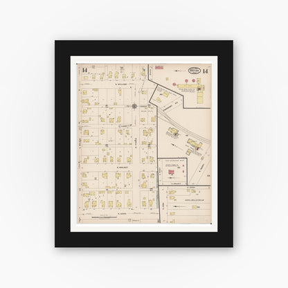 Old map wall art mockup — black gallery frame with white mat — Sanborn Fire Insurance Map from Bryan, Williams County, Ohio (1923), Sheet #0014
