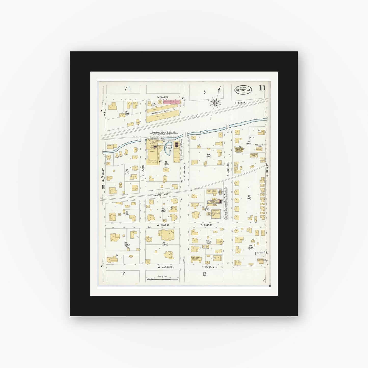 Old map wall art mockup — black gallery frame with white mat — Sanborn Fire Insurance Map from Greenville, Hunt County, Texas (1909), Sheet #0011