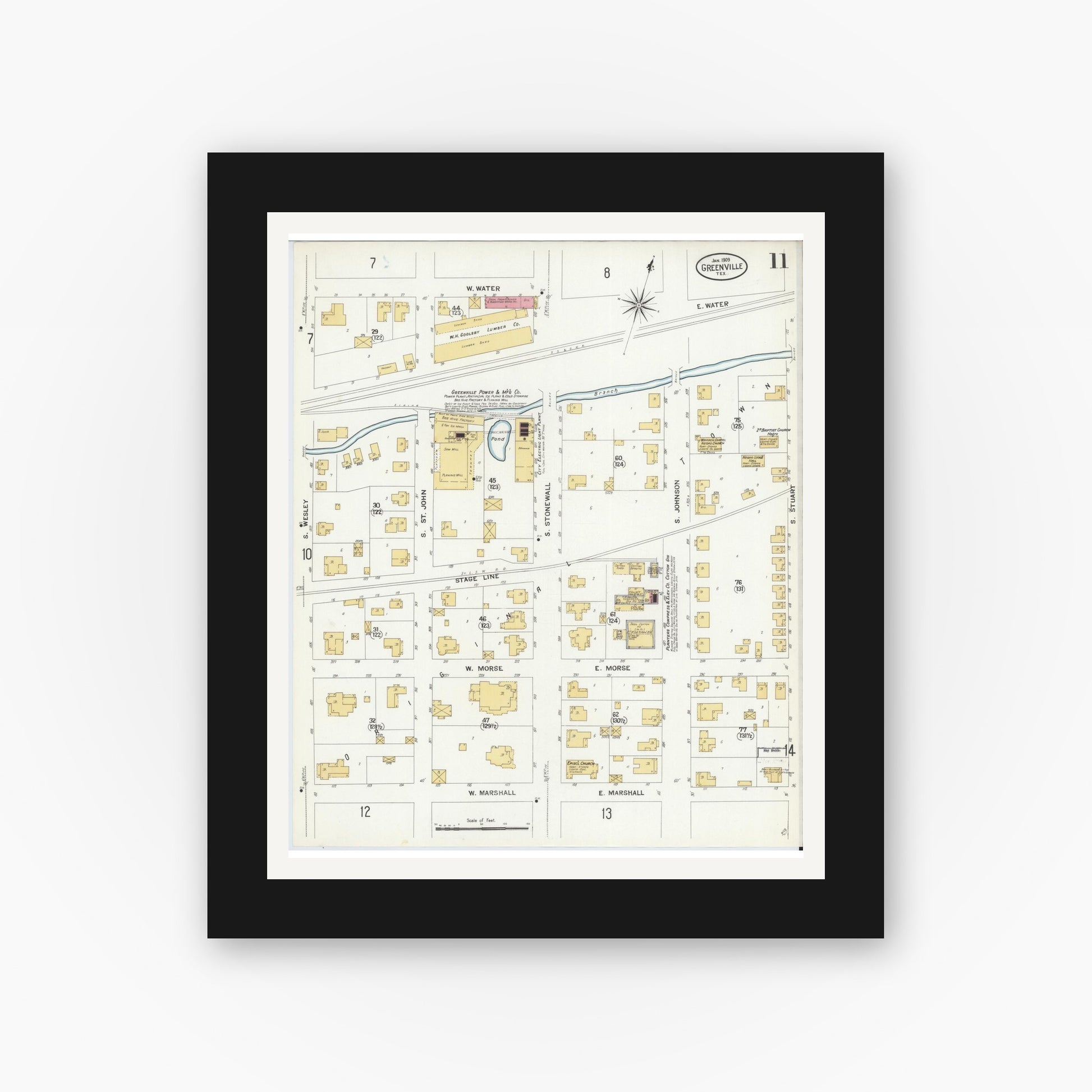Old map wall art mockup — black gallery frame with white mat — Sanborn Fire Insurance Map from Greenville, Hunt County, Texas (1909), Sheet #0011