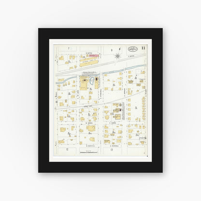 Old map wall art mockup — black gallery frame with white mat — Sanborn Fire Insurance Map from Greenville, Hunt County, Texas (1909), Sheet #0011