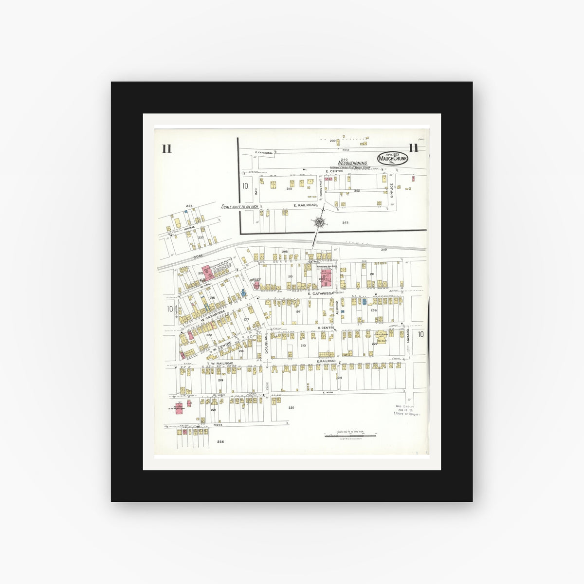 Old map wall art mockup — black gallery frame with white mat — Sanborn Fire Insurance Map from Mauch Chunk, Carbon County, Pennsylvania (1923), Sheet #0011