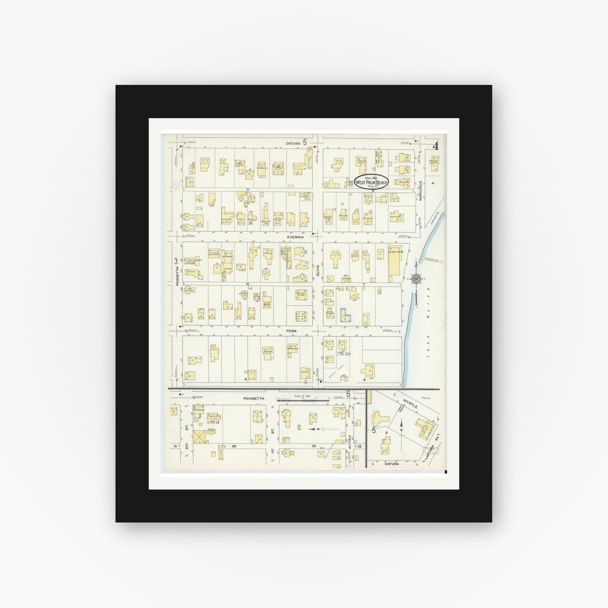 Old map wall art mockup — black gallery frame with white mat — Sanborn Fire Insurance Map from West Palm Beach, Dade County, Florida (1912), Sheet #0004