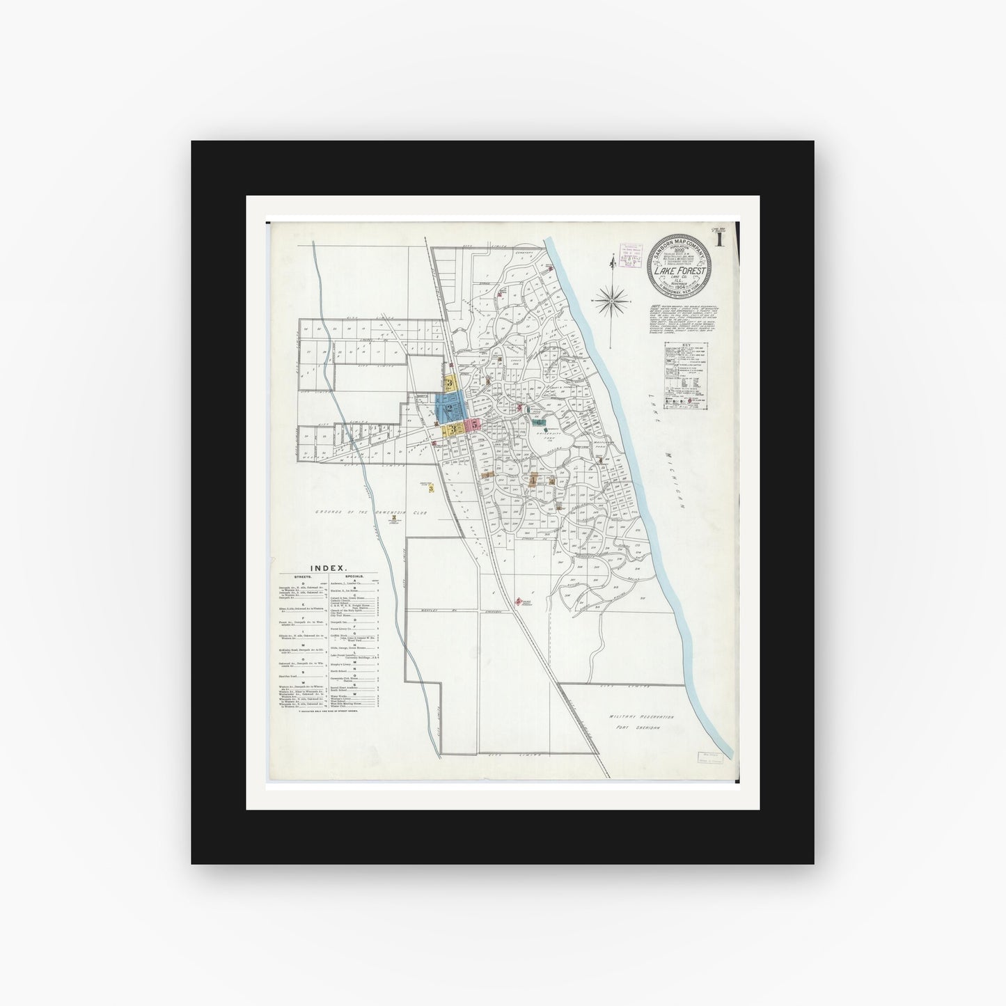 Old map wall art mockup — black gallery frame with white mat — Sanborn Fire Insurance Map from Lake Forest, Lake County, Illinois (1904) - Complete Map Set